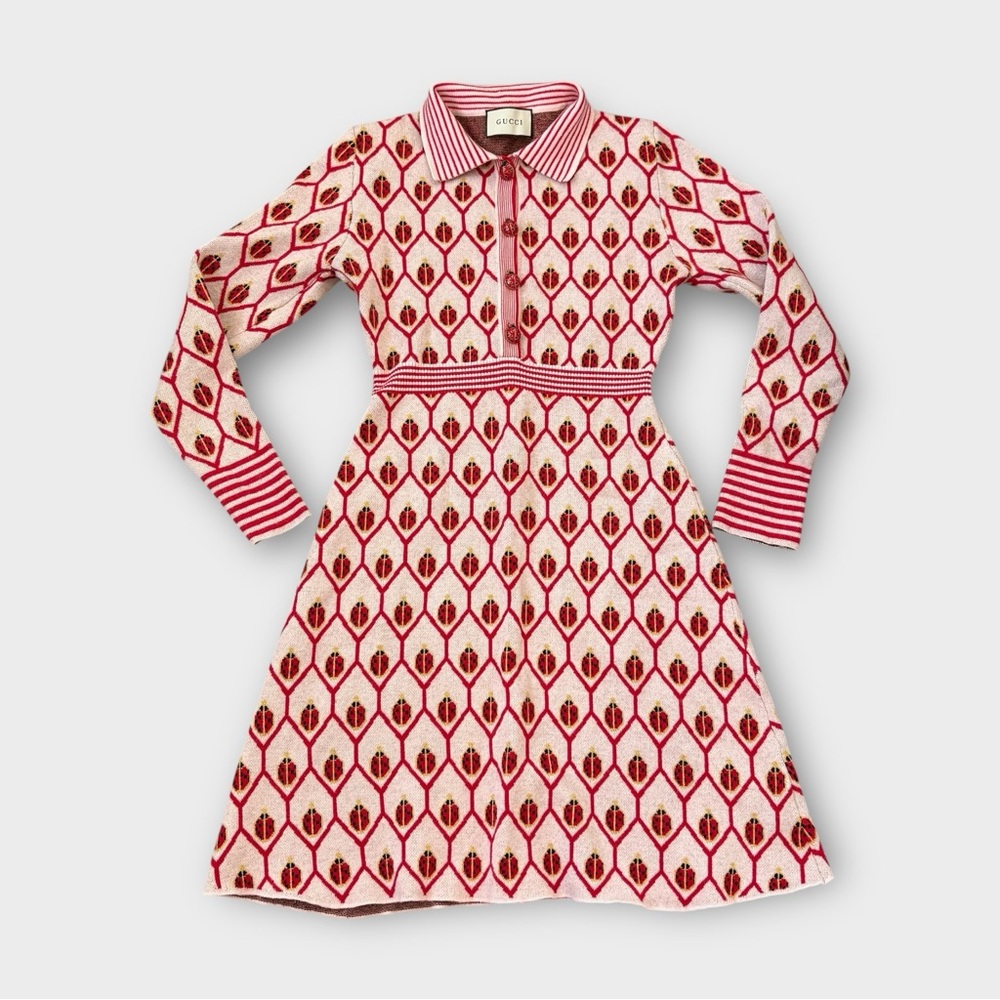 Lady Bug Knit Collared Long Sleeve A-Line Knee Length Dress - Lady Bug Buttons